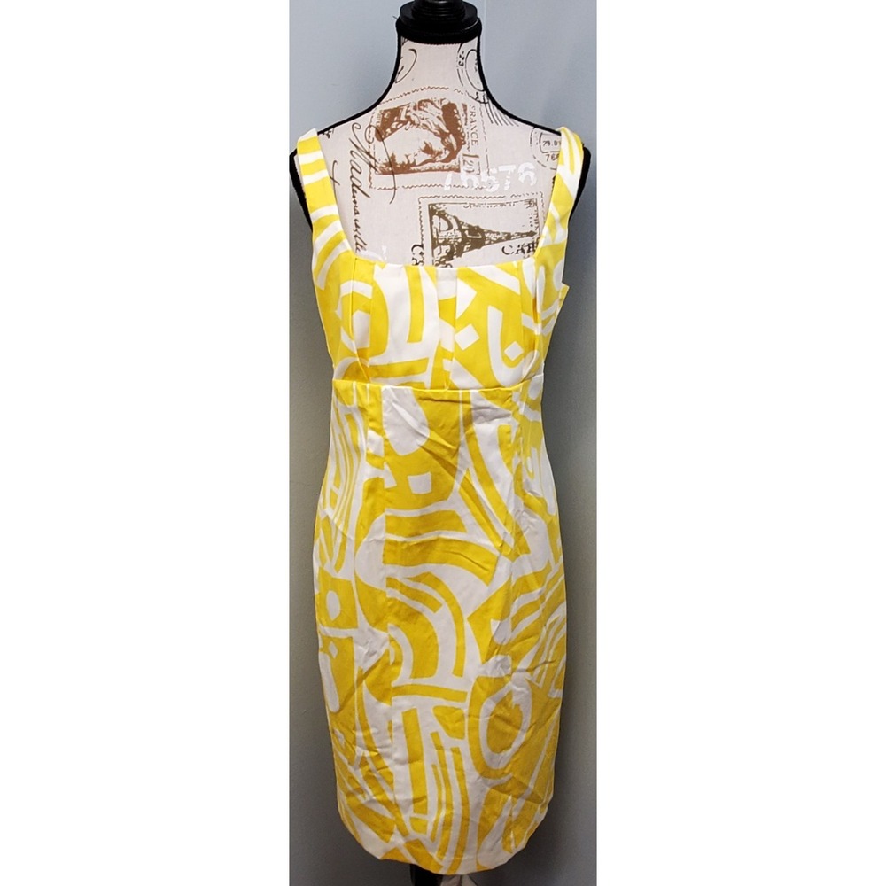 Calvin Klein Sheath Dress Womens M Yellow White Patterned Sleeveless Square Neck